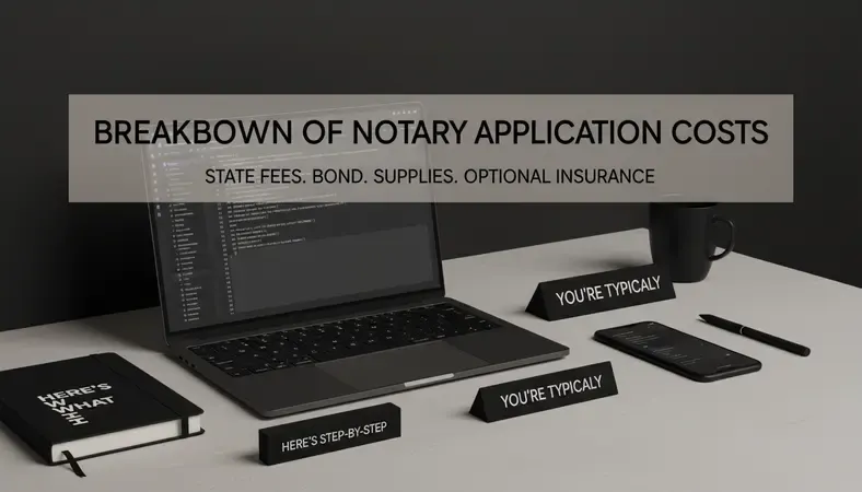 Breakdown of notary application costs including state fees, bond, supplies, and optional insurance