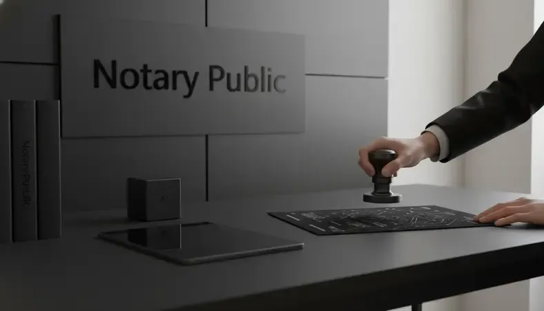 A notary public reviewing and stamping official documents at a professional desk