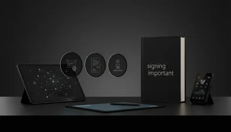 Step-by-step visual showing the notarization process from ID verification to official stamp