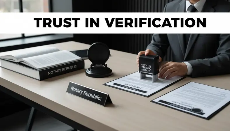 A notary of republic reviewing and stamping an official document at a professional desk