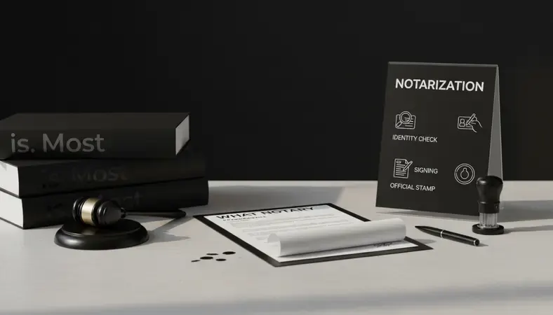 Illustration showing the steps of a notarization process — identity check, signing, and official stamp