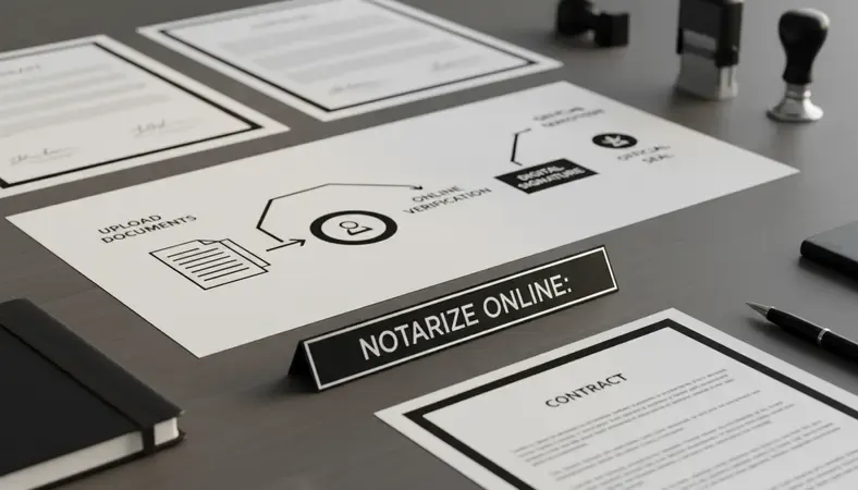 Step-by-step diagram showing the online notarization workflow from document upload to final sealed document