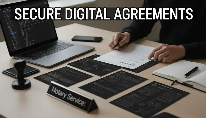 Person reviewing official documents at a desk with a notary seal and pen nearby