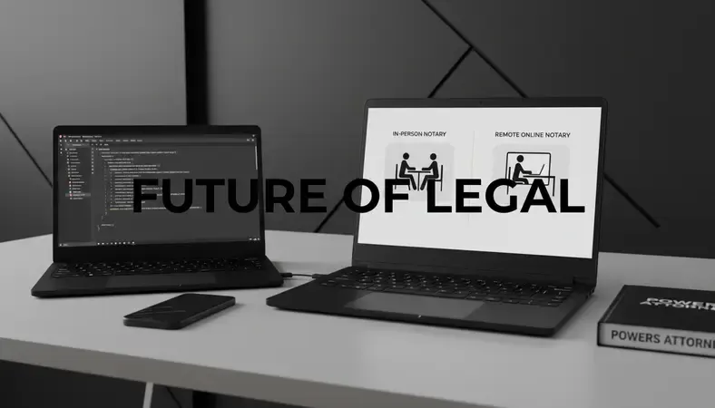 Side-by-side illustration showing in-person notary at a desk versus remote online notary on a laptop screen