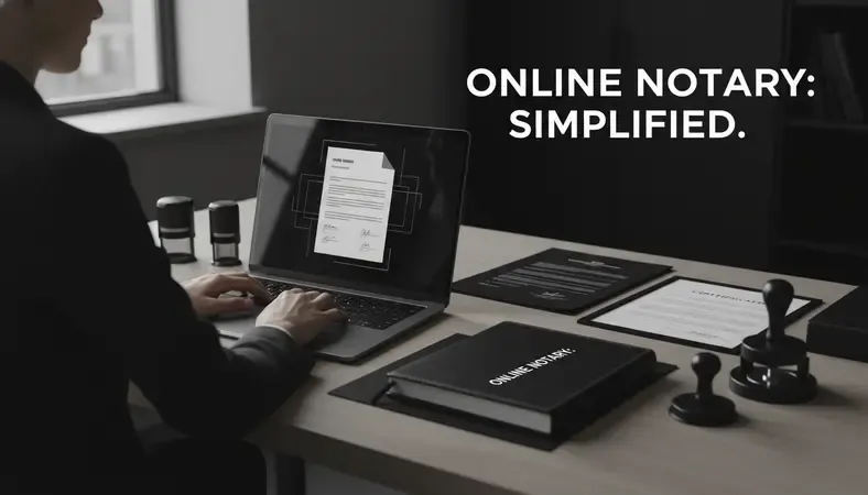 Person completing an online notary session on a laptop with a digital document on screen
