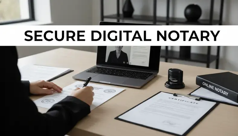 Person completing document notarization via video call on a laptop at a home desk