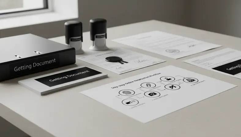 Step-by-step diagram showing the online notarization workflow from identity verification to sealed document delivery