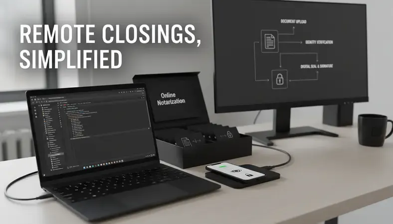 Diagram showing the remote online notarization workflow from document upload through identity verification to digital seal application