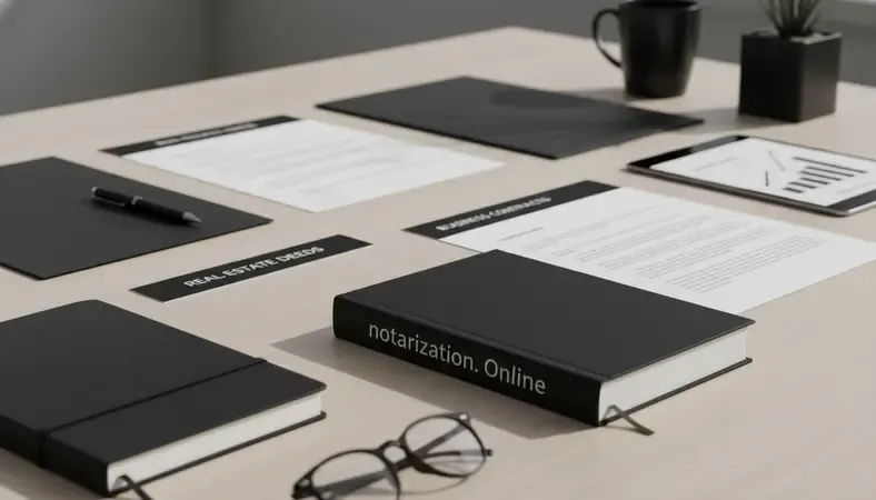 Collection of common document types that can be notarized online including real estate deeds, power of attorney forms, and business contracts