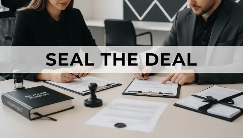 Person reviewing documents with a notary public at a desk, signing paperwork