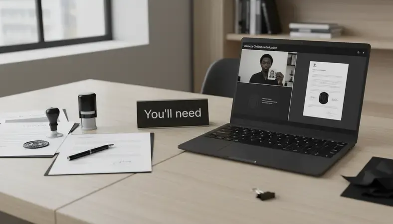 Side-by-side illustration showing traditional in-person notary versus remote online notarization on a laptop screen