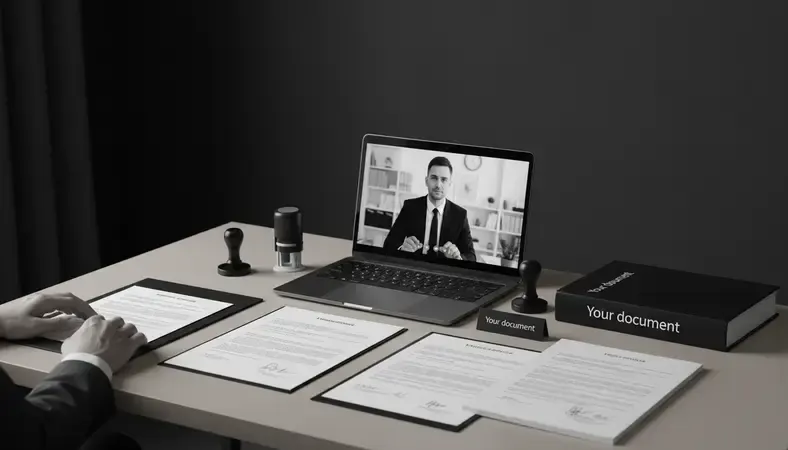 Person using a laptop for a remote online notarization session, showing a video call with a notary