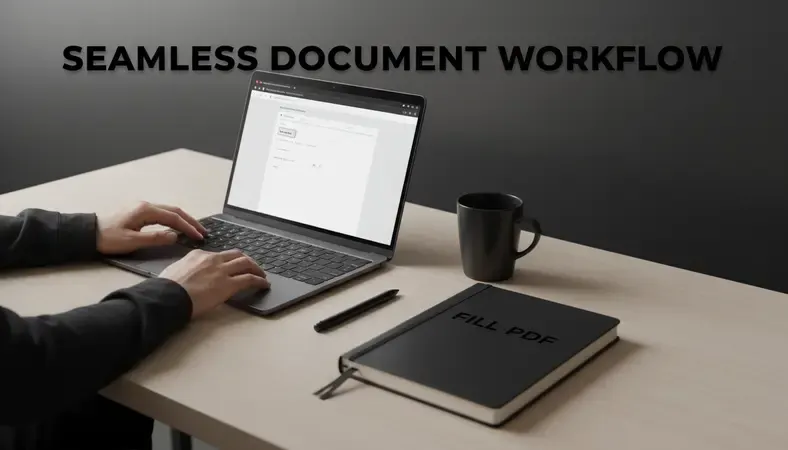 Person filling out a PDF form on a laptop browser, with a clean digital workspace showing form fields highlighted in blue