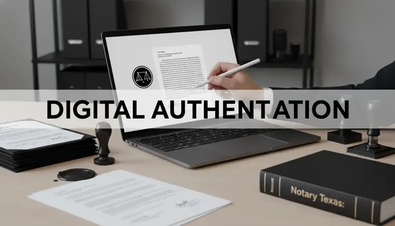 Person signing a document digitally on a laptop with a notary seal visible on screen