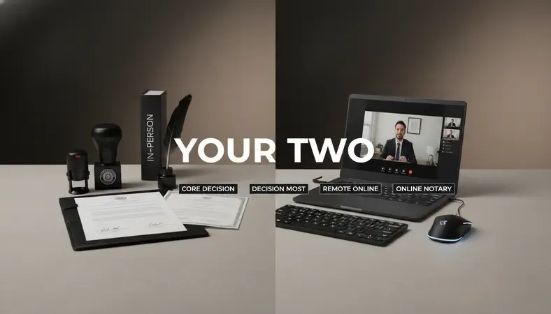 Side-by-side illustration of in-person notary office versus remote online notarization on a laptop