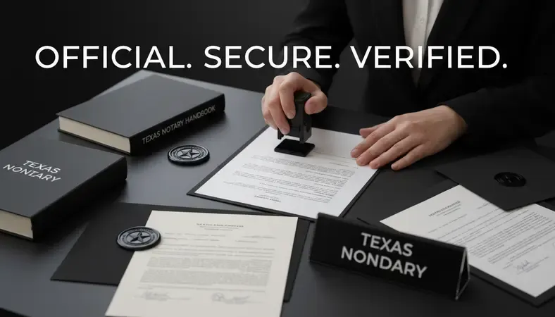 Texas notary public stamping an official document at a professional desk
