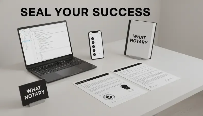 Step-by-step notary application process with official forms and a notary seal stamp