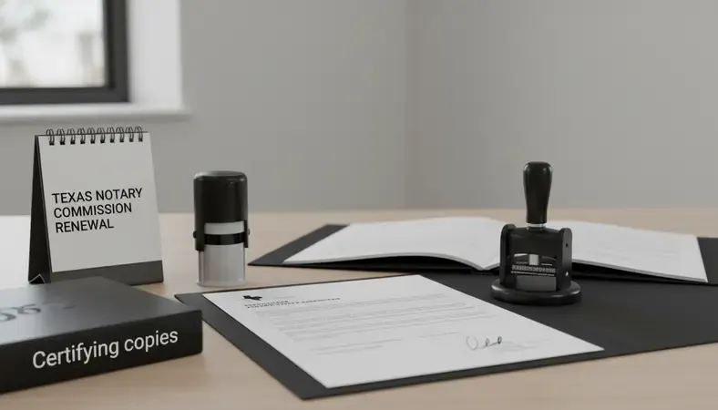 Calendar reminder for Texas notary commission renewal with official documents