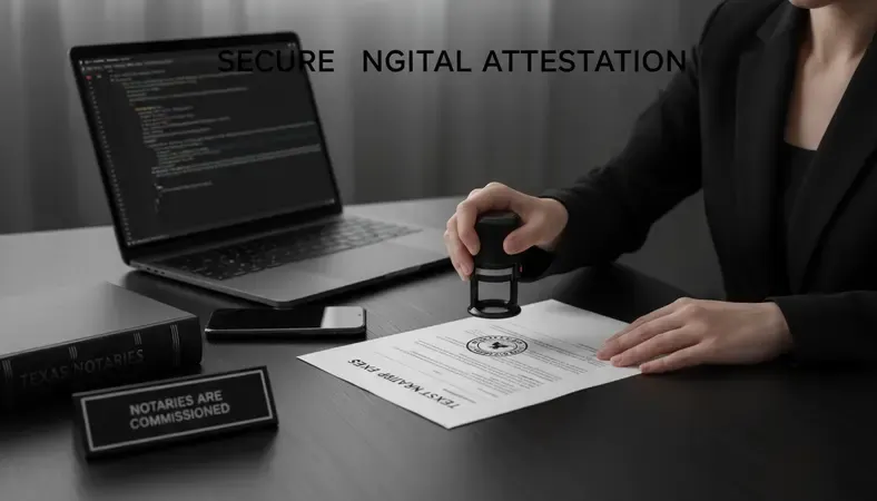 Texas notary public stamping an official document at a desk