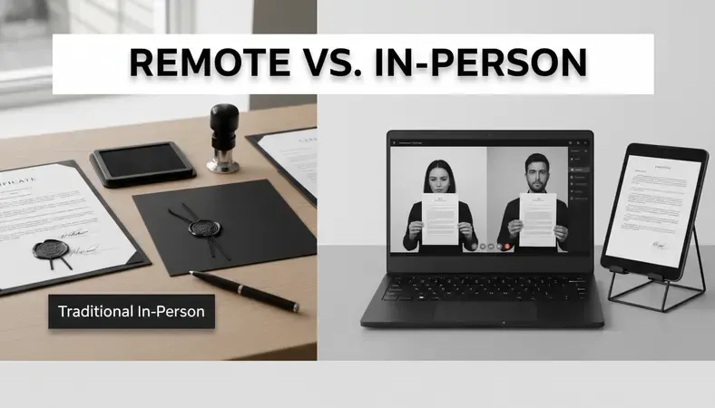 Side-by-side visual showing in-person notary meeting versus remote online notarization on laptop
