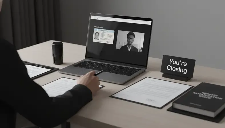 Person completing remote online notarization on laptop at home, ID verification screen visible