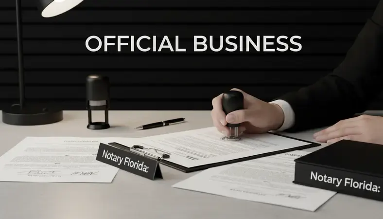 Florida notary public stamping an official document at a professional desk