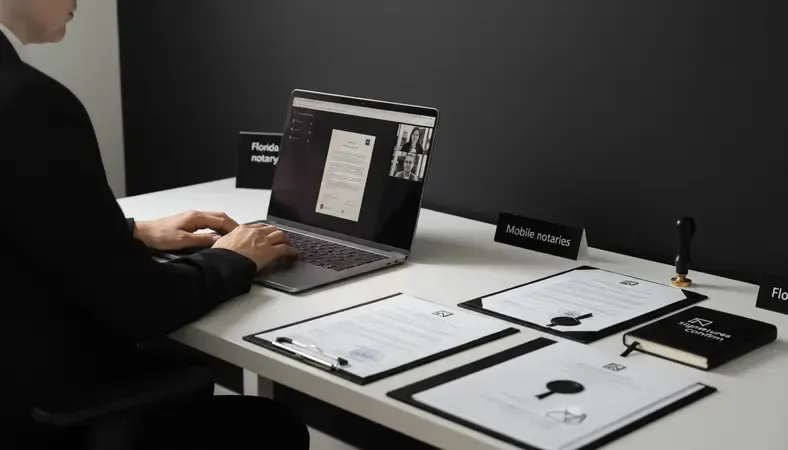 Person completing remote online notarization on a laptop via video call with a Florida notary