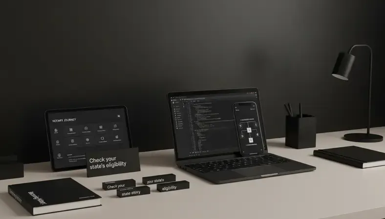 Step-by-step flowchart showing the notary application process from eligibility check through receiving a commission certificate