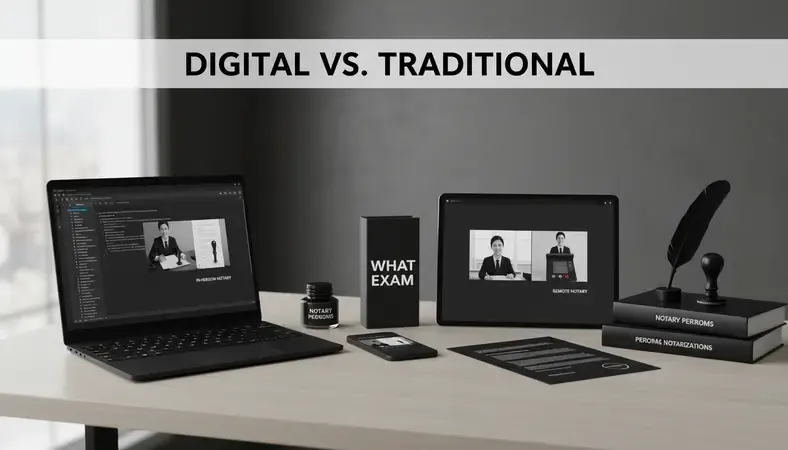 Side-by-side comparison of traditional in-person notarization versus remote online notarization on a laptop screen