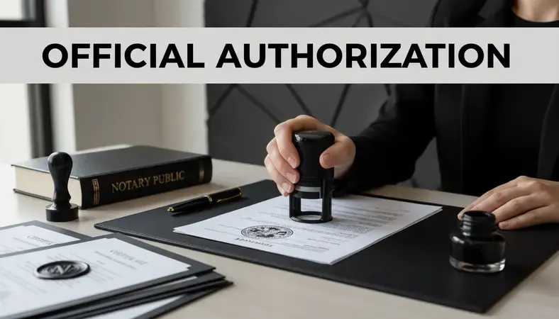 A Florida notary public stamping an official document at a professional desk with state seal visible