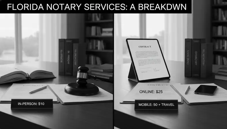 Visual breakdown of Florida notary service types and associated fees including in-person, online, and mobile options