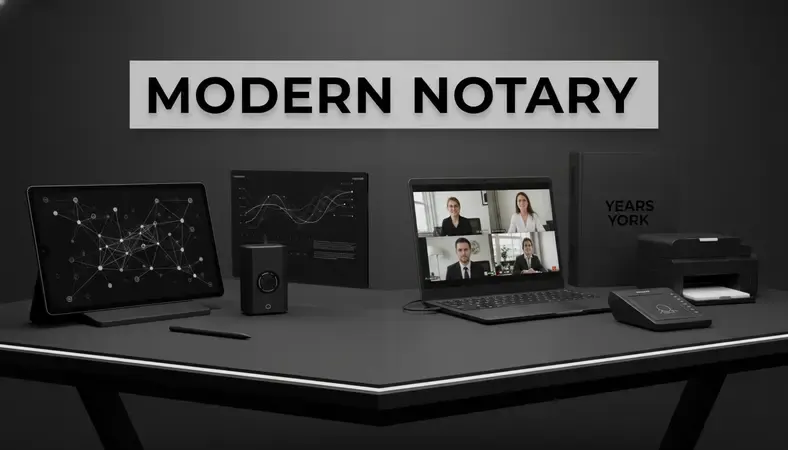 Side-by-side visual comparing in-person notarization setup with a remote online notarization session on a laptop screen