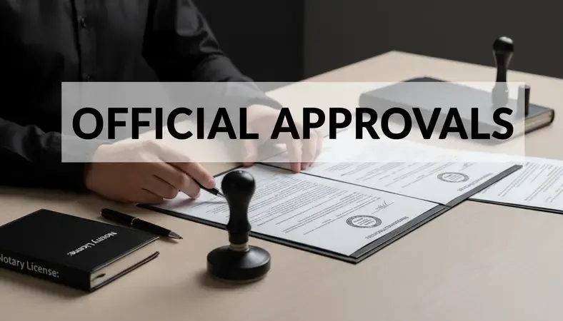 A professional reviewing notary commission documents at a clean desk with a notary seal stamp and pen visible