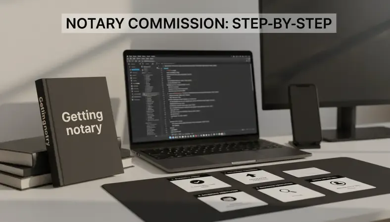 Step-by-step infographic showing the notary commission application process from eligibility check to receiving a notary seal