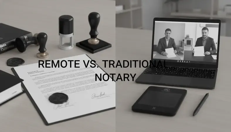 Side-by-side visual comparing traditional in-person notarization setup versus a remote online notary video session on a laptop