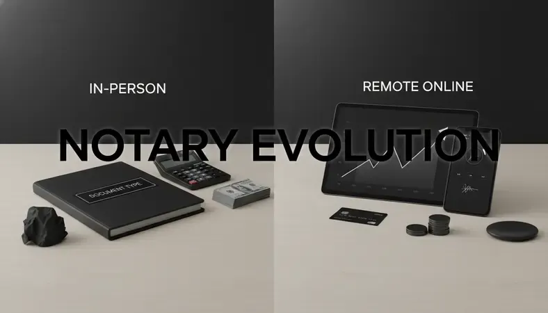 Side-by-side visual comparing in-person and remote online notary service formats and cost structures
