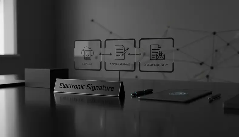 Step-by-step diagram showing the electronic signature workflow from document upload to signed PDF delivery