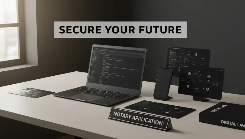 Person completing a notary application form on a laptop at a clean desk with a government ID nearby