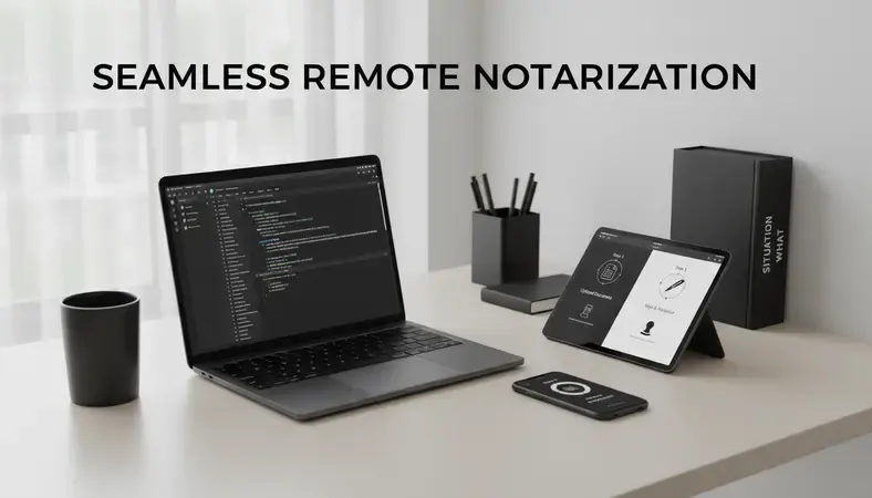 Step-by-step visual showing the remote online notarization process from document upload to receiving a notarized digital document