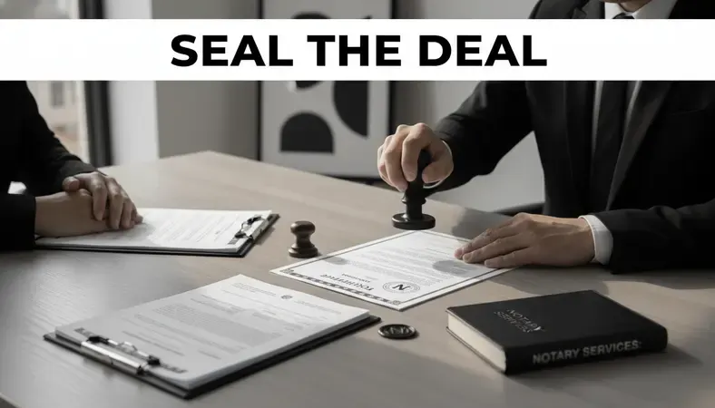 A notary public stamping an official document at a desk with a client seated across from them