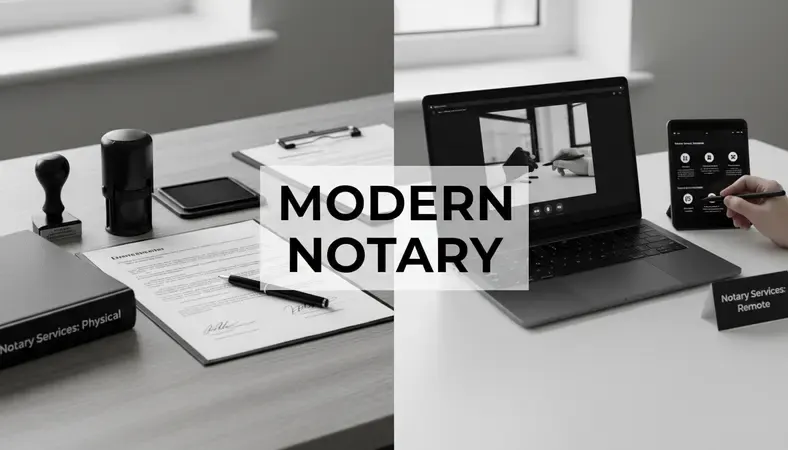 A split-screen comparison showing in-person notarization at a bank versus remote online notarization via laptop video call