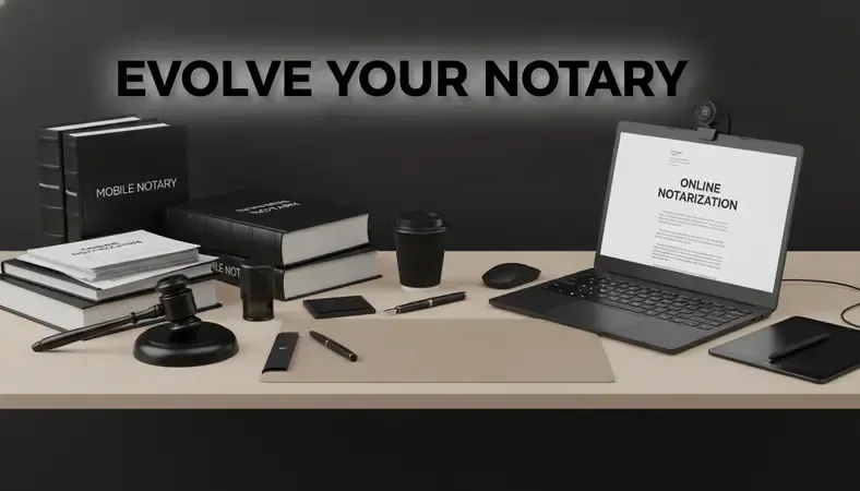 Side-by-side comparison showing traditional notary office visit versus online notarization on a laptop