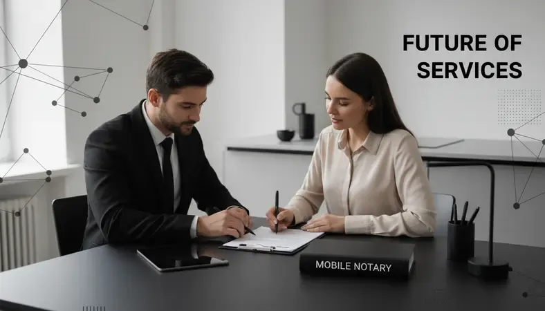A mobile notary sitting across from a client at a kitchen table, reviewing documents together