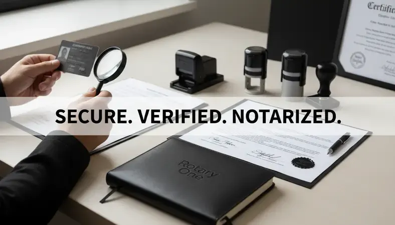 A mobile notary reviewing credentials and checking a signer's government-issued ID before completing notarization