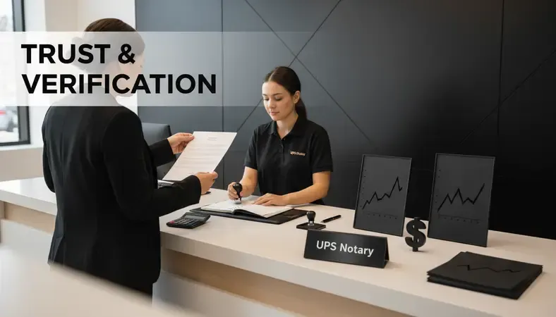 Customer at a UPS Store counter getting documents notarized by a store associate
