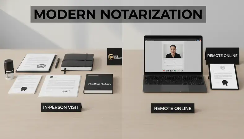 Side-by-side comparison showing in-person UPS notary visit versus remote online notarization on laptop screen