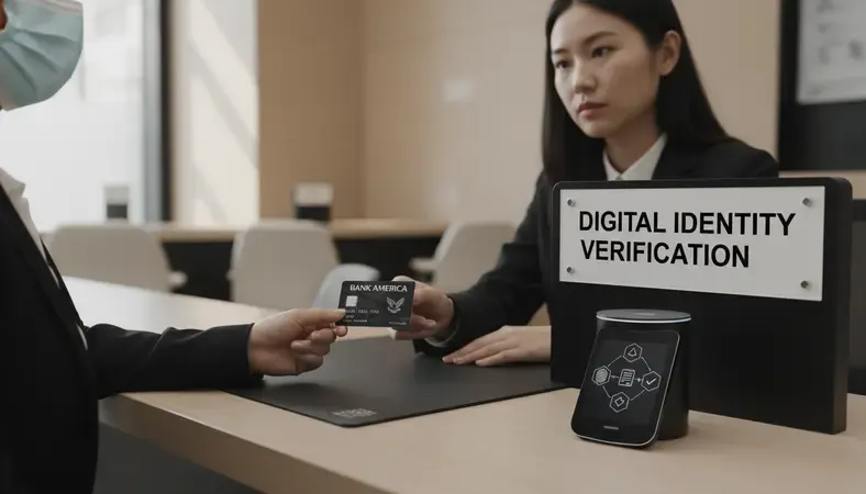 Person presenting government-issued ID to a bank notary at a branch desk