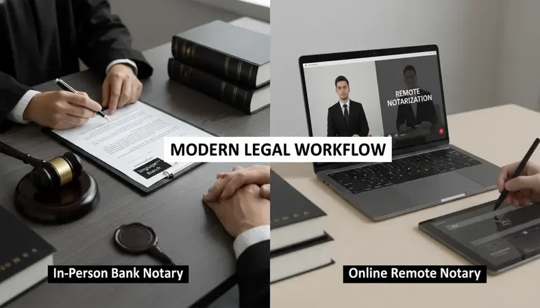 Split screen showing in-person bank notary vs. online remote notary session on laptop