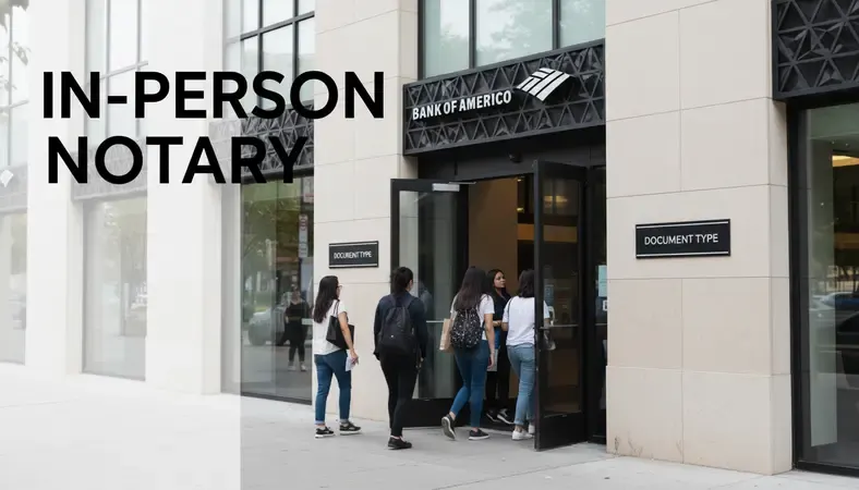 Bank of America branch exterior with customers entering, representing in-person notary service access