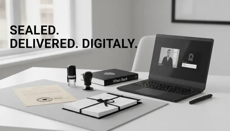 Side-by-side visual comparison of in-person bank notary versus remote online notarization on a laptop